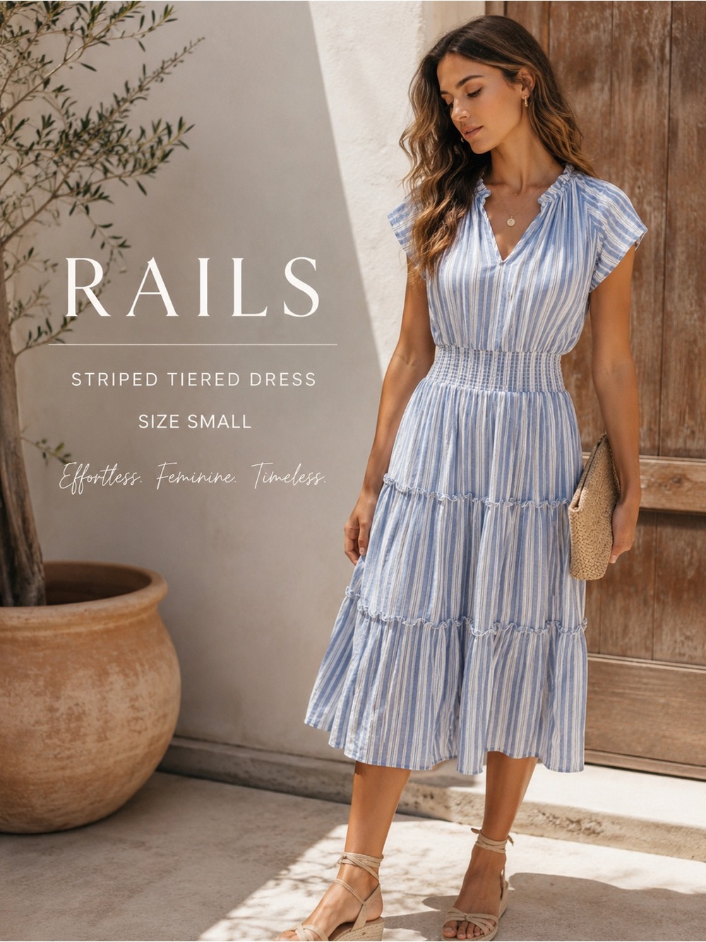 Rails Amelia Dress S Blue Stripe Tiered Smocked Waist Cottagecore Coastal Chic